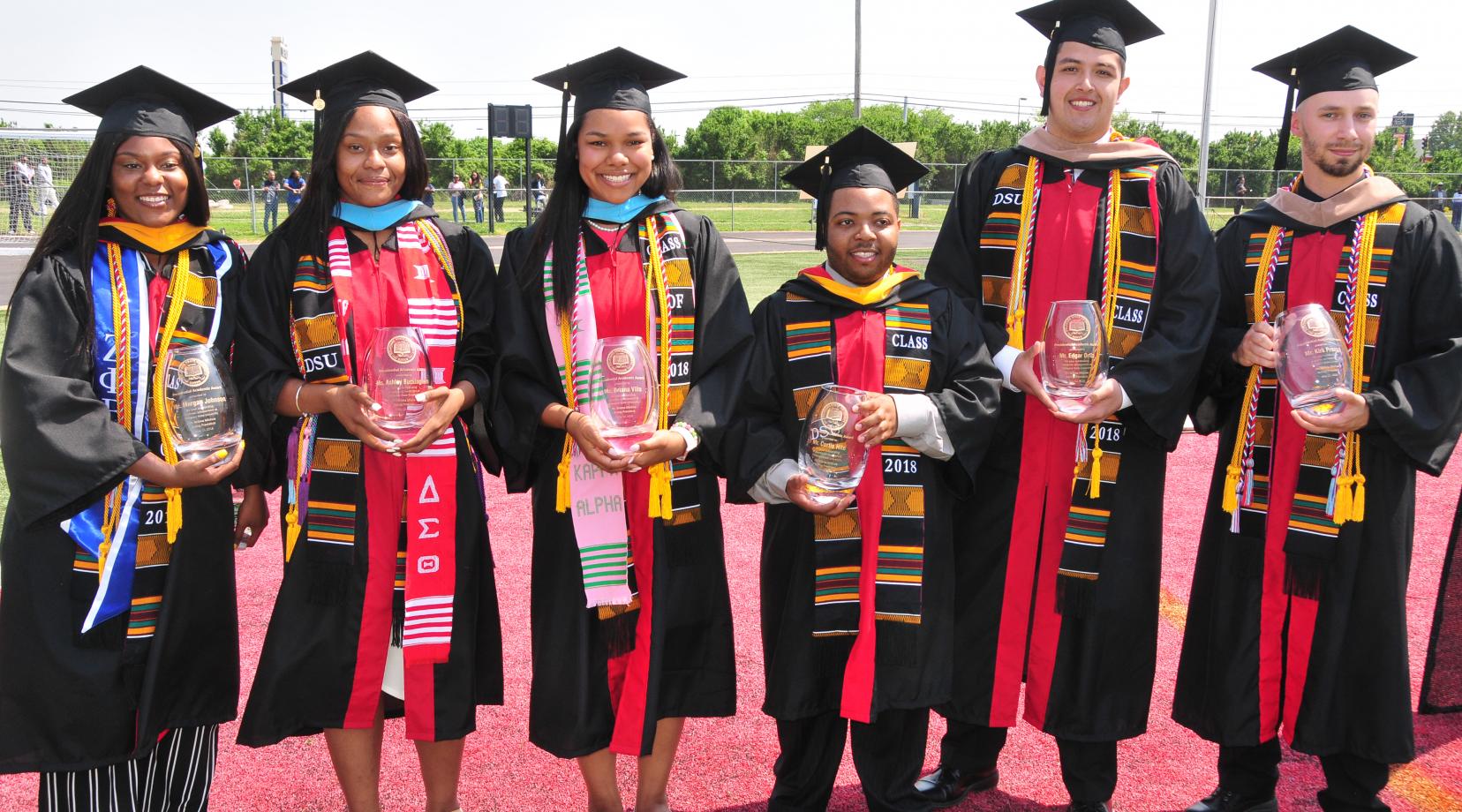 2018 Commencement's school-record 4.0 group: (l-r) Morgan R. Johnson, Ashley N. Buckingham, Briana Villa, Curtis A. Hite Jr., Edgar Ortiz and Kirk E. Prange. Not pictured: Ireanna Aleya Peete. Each one received the Presidential Academic Award.