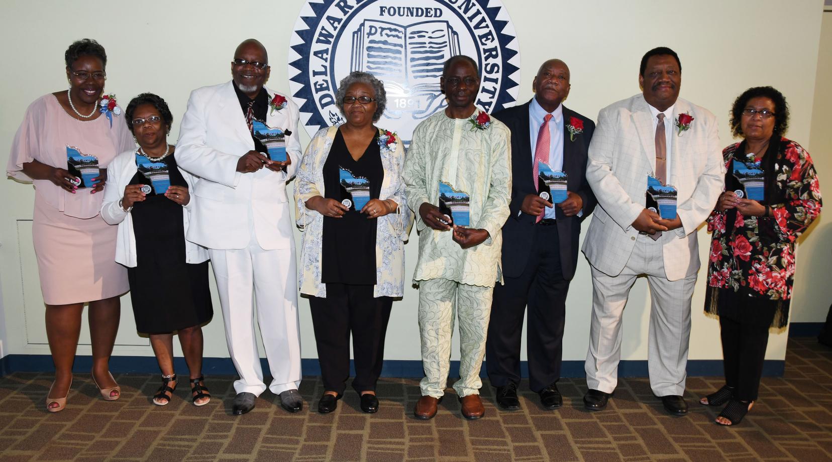 2018 DSU retirees: (l-r) Karen Robinson, Beatrice Thompson, Curtis Cross, Alethea Abrams, Dr. Fidelis Balogun, Bryant T. Bell, Dr. Chester Boyd and Frances Canon