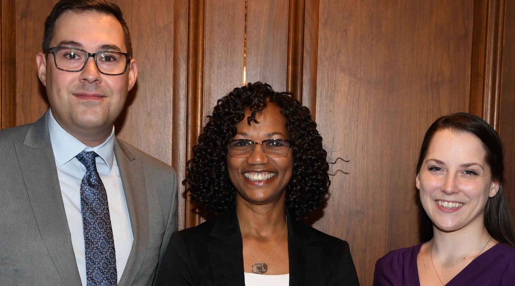 Dr. Sheridan Kingsberry (center), Delaware's 2018 Social Worker of the Year, poses with Michael Francum (l), executive director of the Delaware Chapter of the National Association of Social Workers, and Shannon Fisch, the president of the NASW-DE Board of Directors.