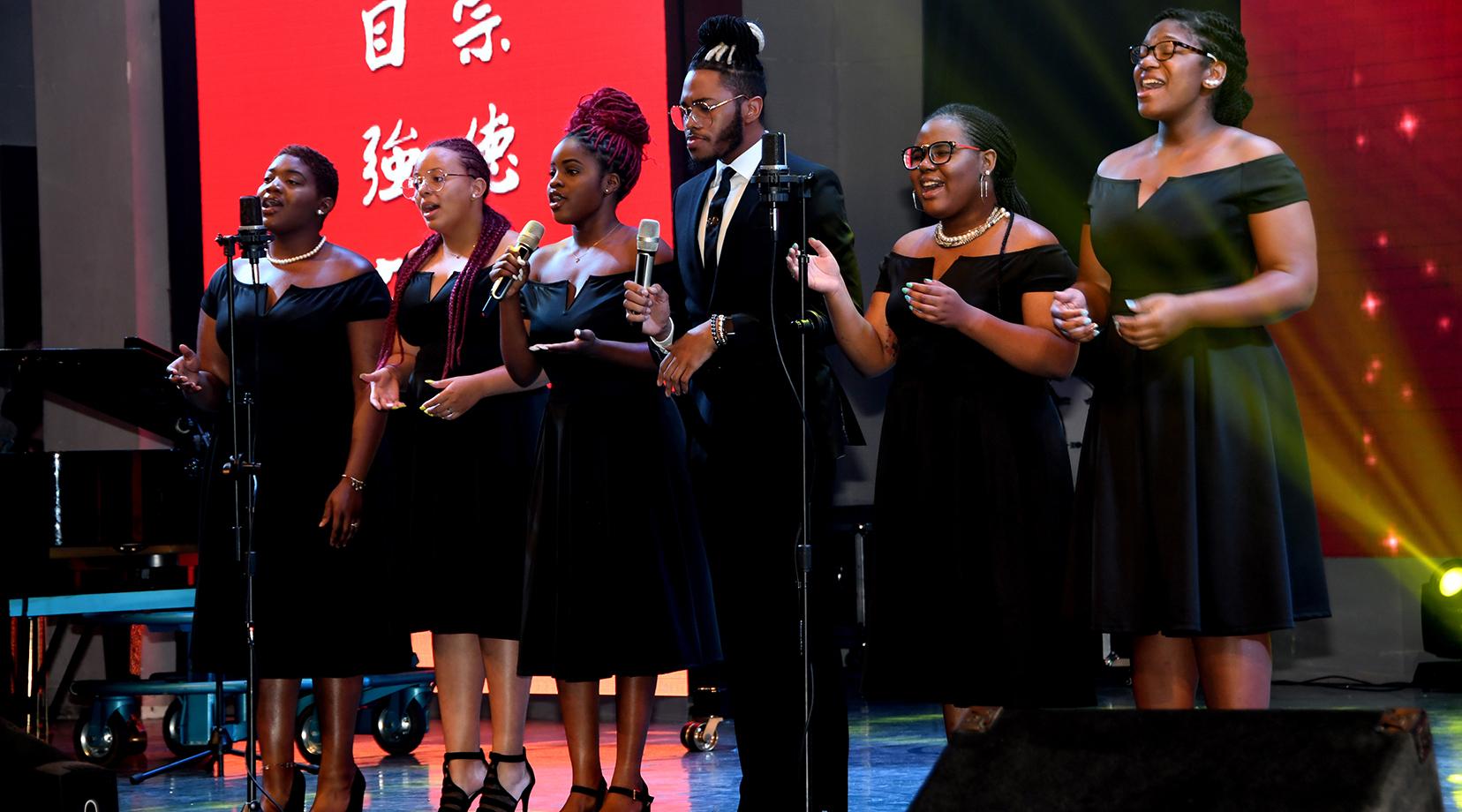 <p>DSU Gospel Choir members Kiyah Mewborn, Shaé Ross, Ashlyn Moore, Darrell Miller, Niraha Traylor and Jevana Lambert give a powerful performance of the song "My God is an Awesome God." Not pictured are pianist Manuel Scott and drummer Nasir Carter Stokes.</p>