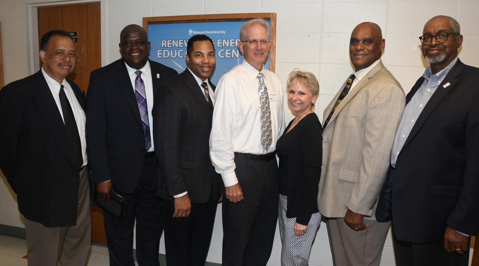 L-r) DSU’s Dr. Eric Cheek, assoc. VP of Continuing Ed; Antonio Boyle, VP of Strategic Enrollment; LaShawne Pryor; director of corporations/foundations; Delaware State Chamber of Commerce President Mike Quaranta and Central Delaware Chamber of Commerce President Judy Diogo; along with DSU’s William Pickrum, REEC project management; and Dr. Dyremple Marsh, dean of the College of Agriculture, Science and Technology.