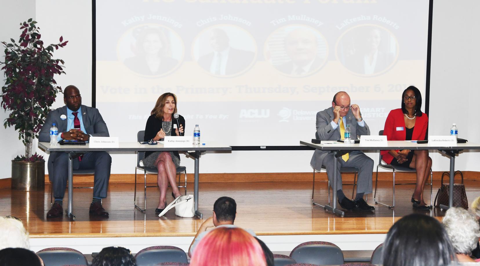 Democratic Attorney General candidates (l-r) Chris Johnson, Kathy Jennings, Tim Mullaney and LaKresha Roberts shared their views on mass incarceration and other criminal justice system issues during the ACLU's AG Forum held at DSU on Aug. 29.