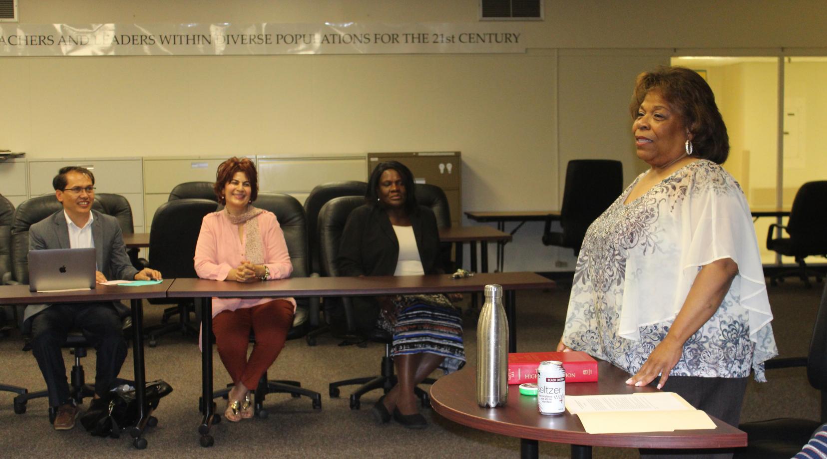 University President Wilma Mishoe shares her experience in policy development and implementation with a class of Delaware State University doctoral candidates.