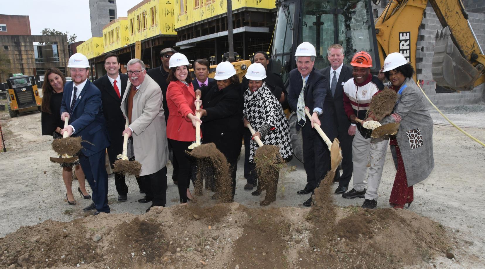 <p>Groundbreaking crew (l-r): J.D. Bartlett, VP of Capital Planning and Facilities Mgmt.; Sen. Brian Bushweller, Trustee Kathy McGuiness, University President Wilma Mishoe, Board Chairperson Devona Williams, DNREC Secretary Shawn Garvin, University alumnus Norman Oliver, and state Rep. Stephanie Bolden.</p>
