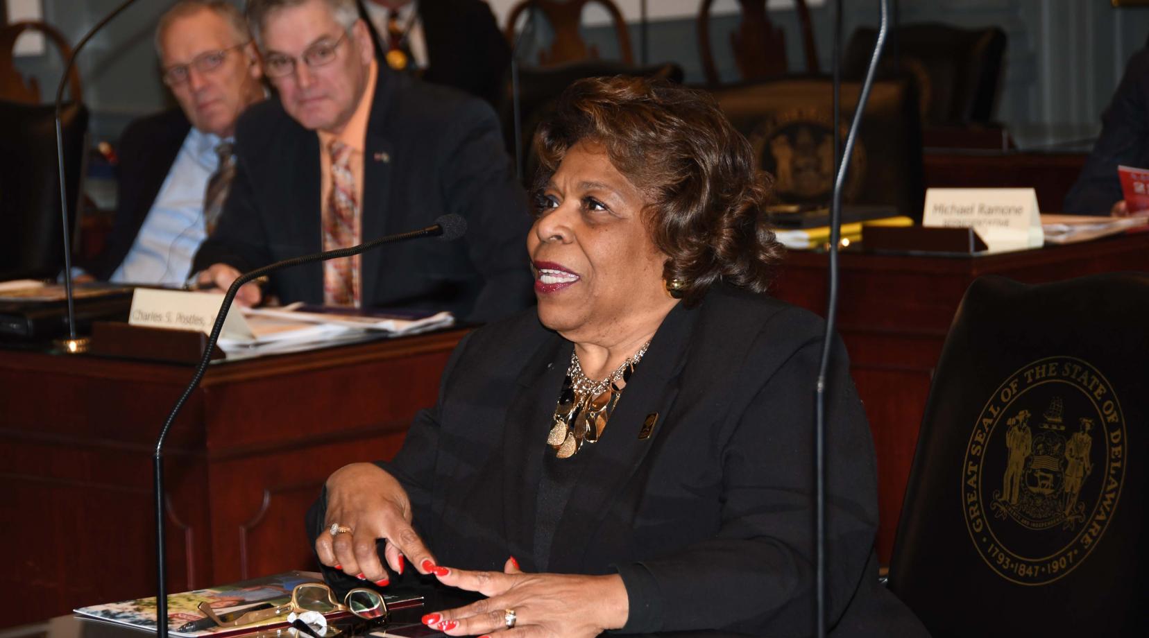 Dr. Wilma Mishoe gives the House Education Committee updates and highlights concerning Delaware State University.