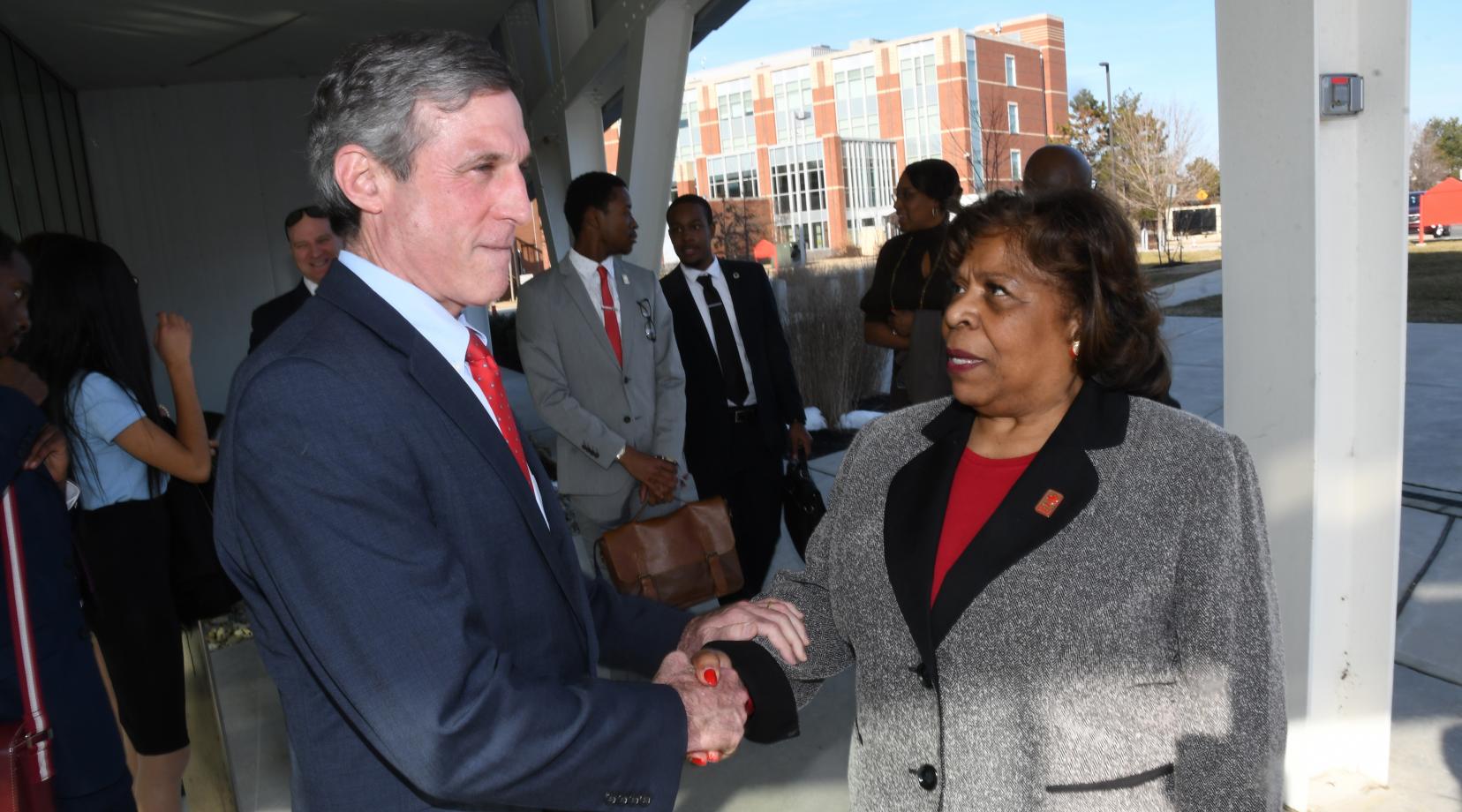 <p>Gov. John Carney is thanked by University President Wilma Mishoe for his visit to the campus on Feb. 5.</p>