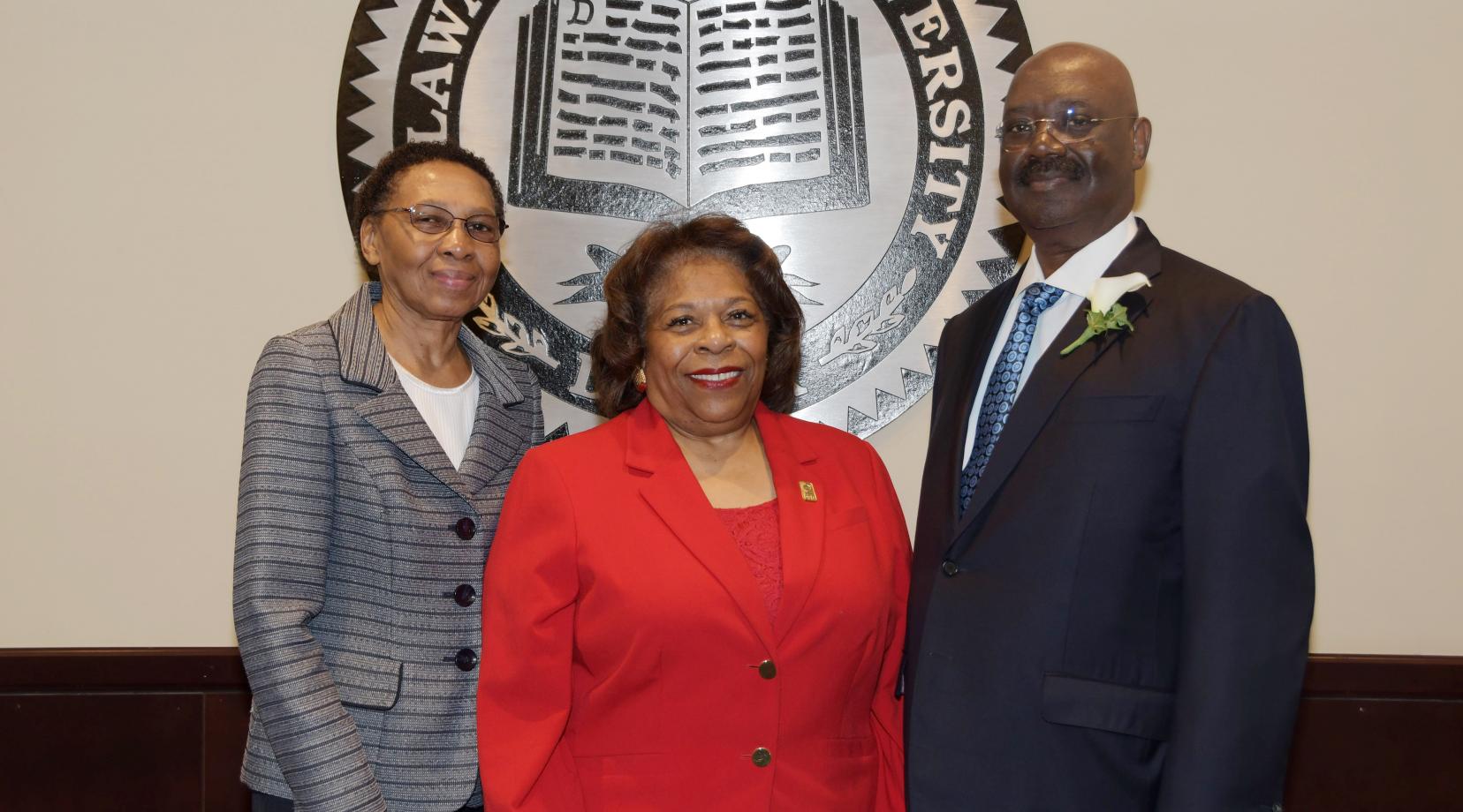University President Wilma Mishoe poses with Shirley and Bennie Smith after the couple added an additional $20,000 to the scholarship endowment they established in 2017.