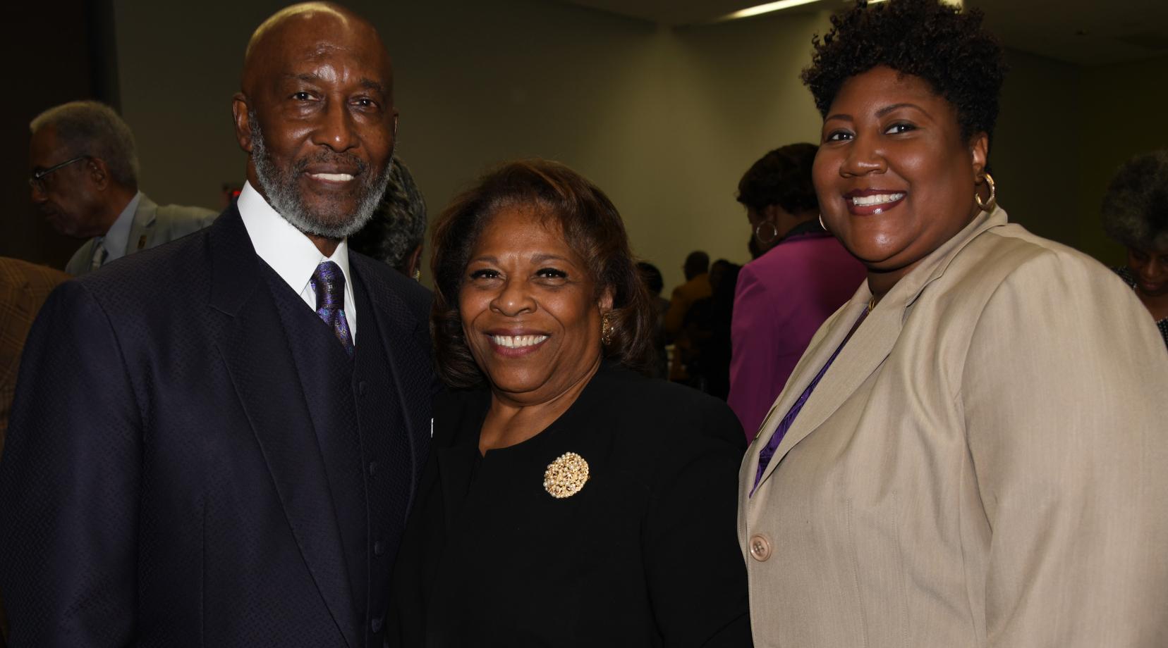 Bishop John R. Bryant, Prayer Breakfast keynote speaker, University President Wilma Mishoe, and Rev. Erika Crawford, Community Faith Partner Awardee.
