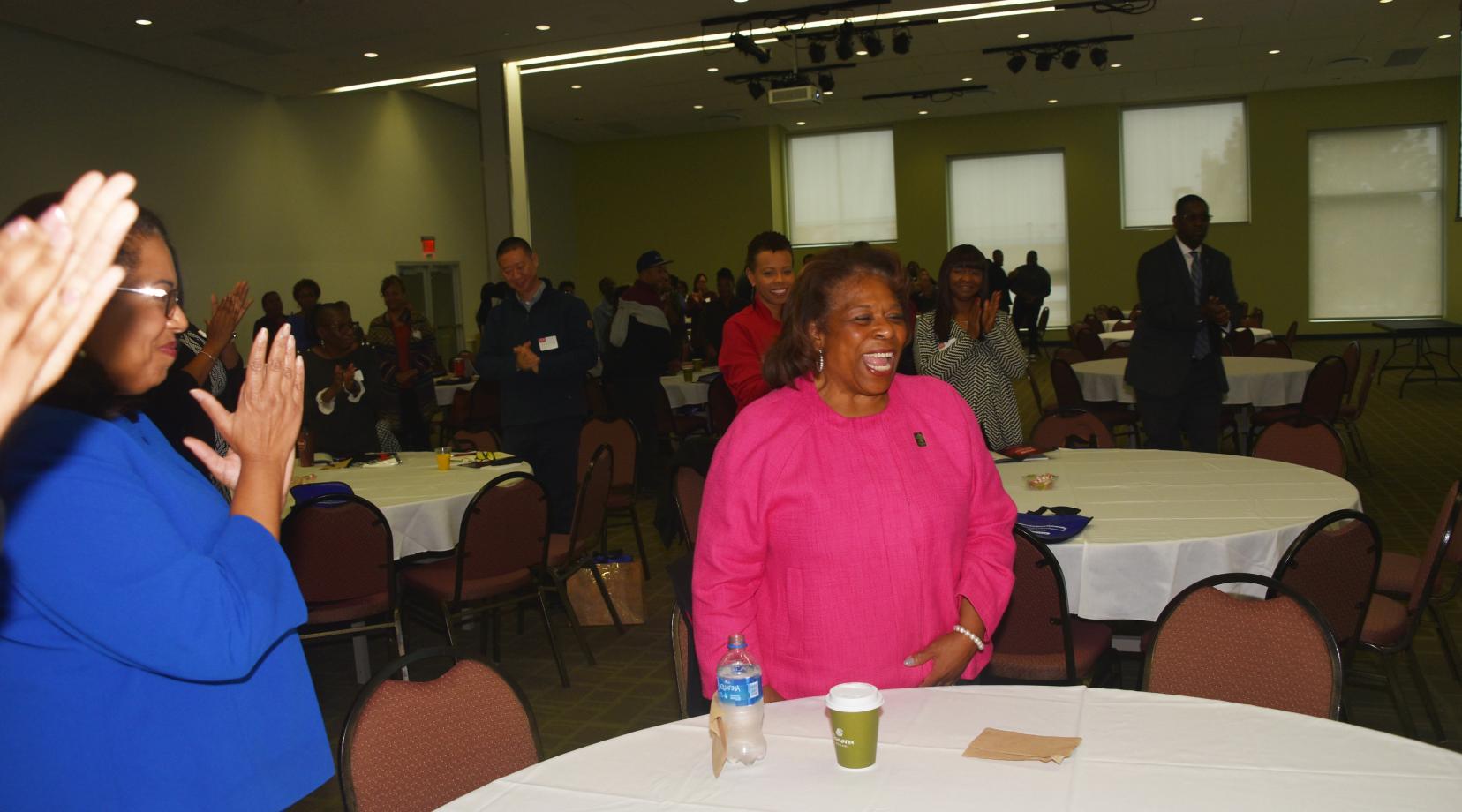 Following University President Wilma Mishoe's remarks at the Oct. 30 Professional Development Workshop, the parlor-filled gather gave her a standing ovation in recognition of the leadership she has provided during her tenure. Dr. Mishoe recently announced that she will retire at the end of 2019.