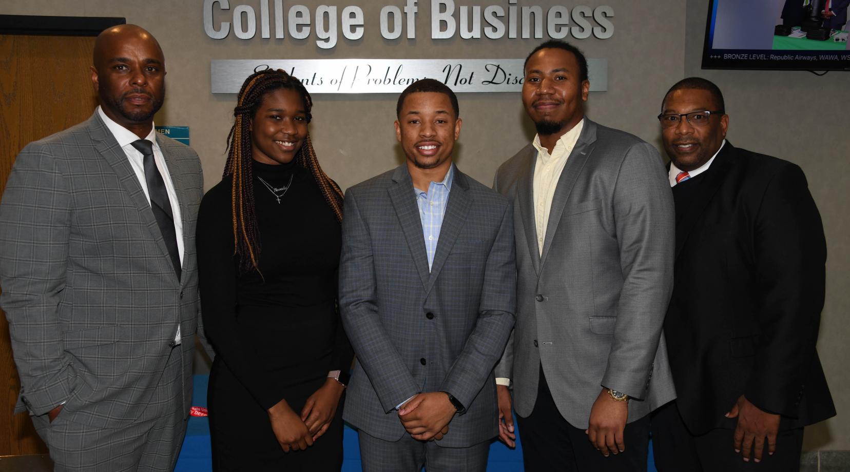 Dr. Michael Casson Jr., dean of the College of Business, stands with students Yazmin Harris, Jason Nunley, and Michael Ford and Associate Professor Wade Robinson, who all attended the recent International Economic Development Council Conference in Indianapolis, Ind.