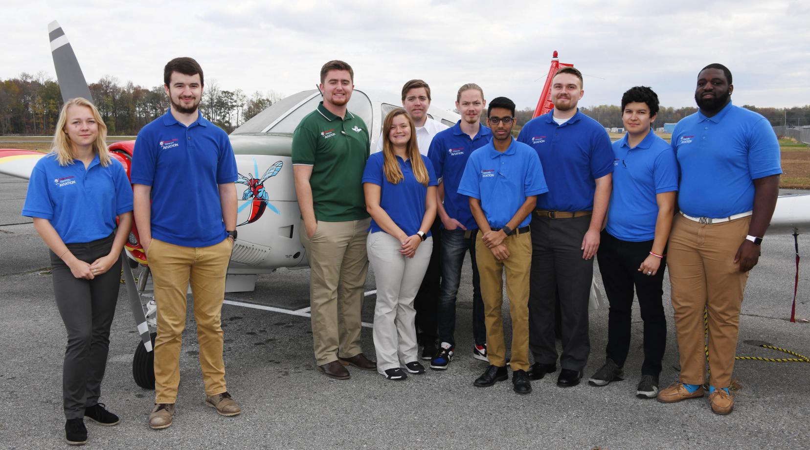 The first-place Hornet Flight Team -- (l-r) Gabrielle Chuke, Sam Strauss (team captain), Kyle Longhany, Shelbe Jarrett, Michael Rogers (team safety officer) Colin Twardus, Jay Shah, Nick Jones, Christopher Guerra-Morales and Dante Russell.