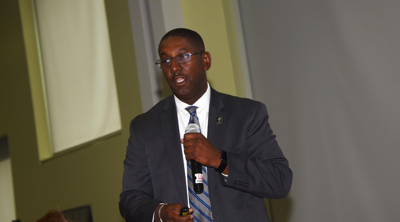 Darrell McMillon gives a presentation on cyber security during a recent Professional Development Forum for University employees. Mr. McMillon has been the Chief Information Officer for DSU as part of his contract with Ellucian. Effective Jan. 1, 2020, he will leave Ellucian to work as CIO directly for the University.