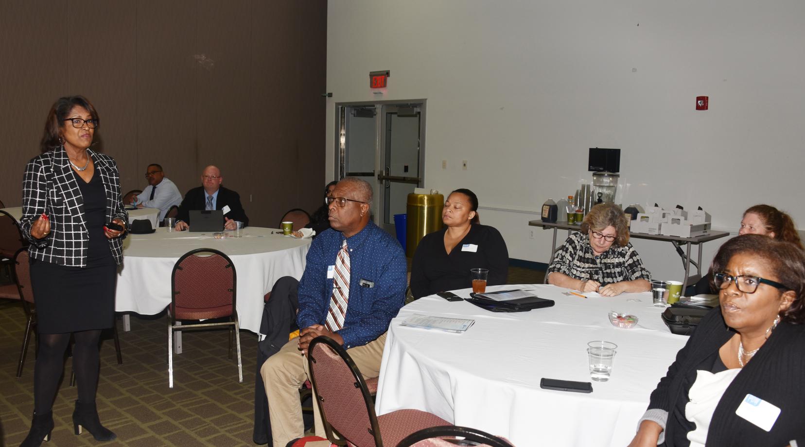 Terri Easter (l), founder of T.H. Easter Consulting, conducts a workshop to management personnel on "Maximizing Performance" during the afternoon sessions of the Professional Development Workshop