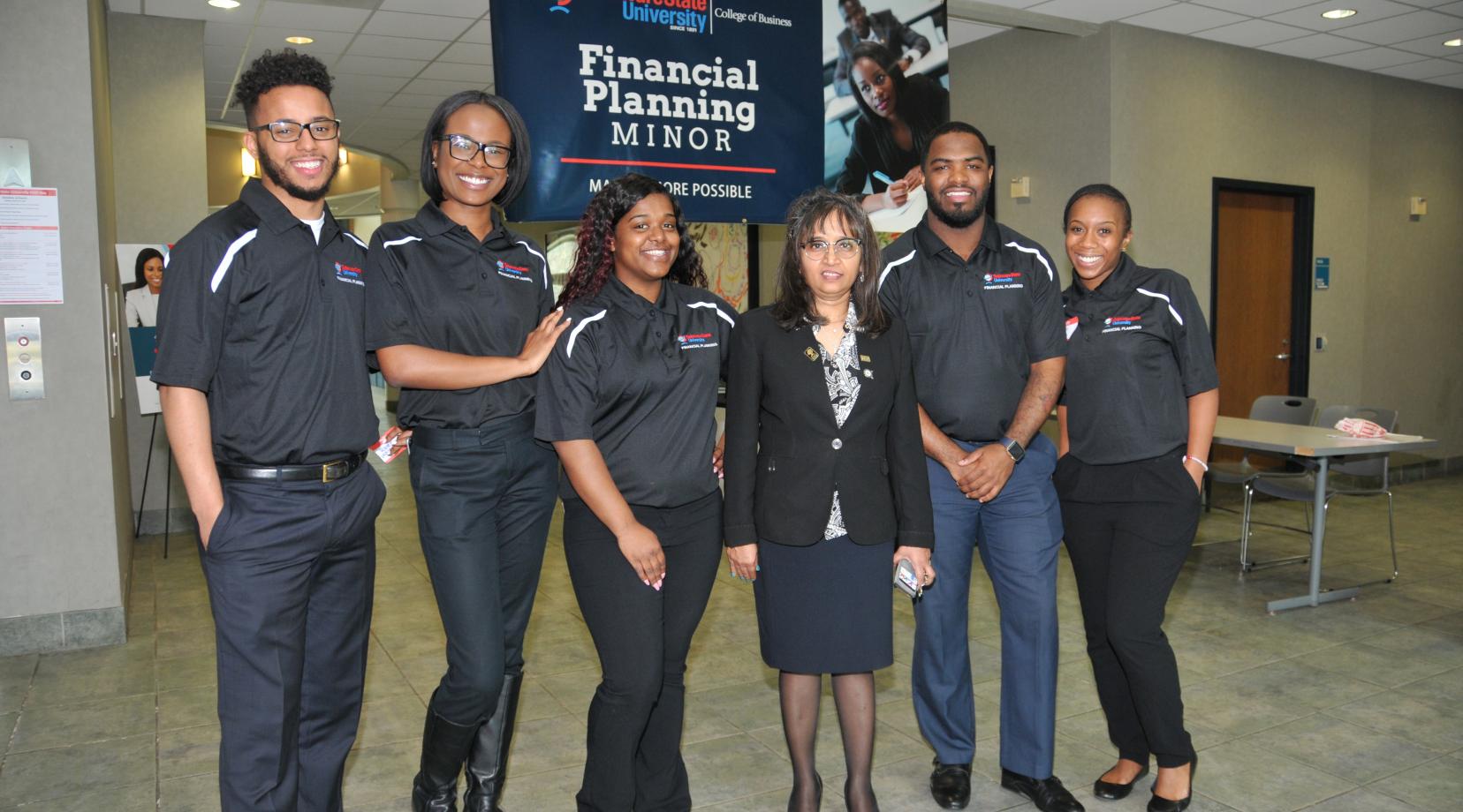 (L-r) Tabias Slaughter, Raven Wainwright, Whitney Douglas, Dr. Nandita Das, Reginald Adams and J'Lynn Drennan represent the founding instructor and students of the new Financial Planning minor.