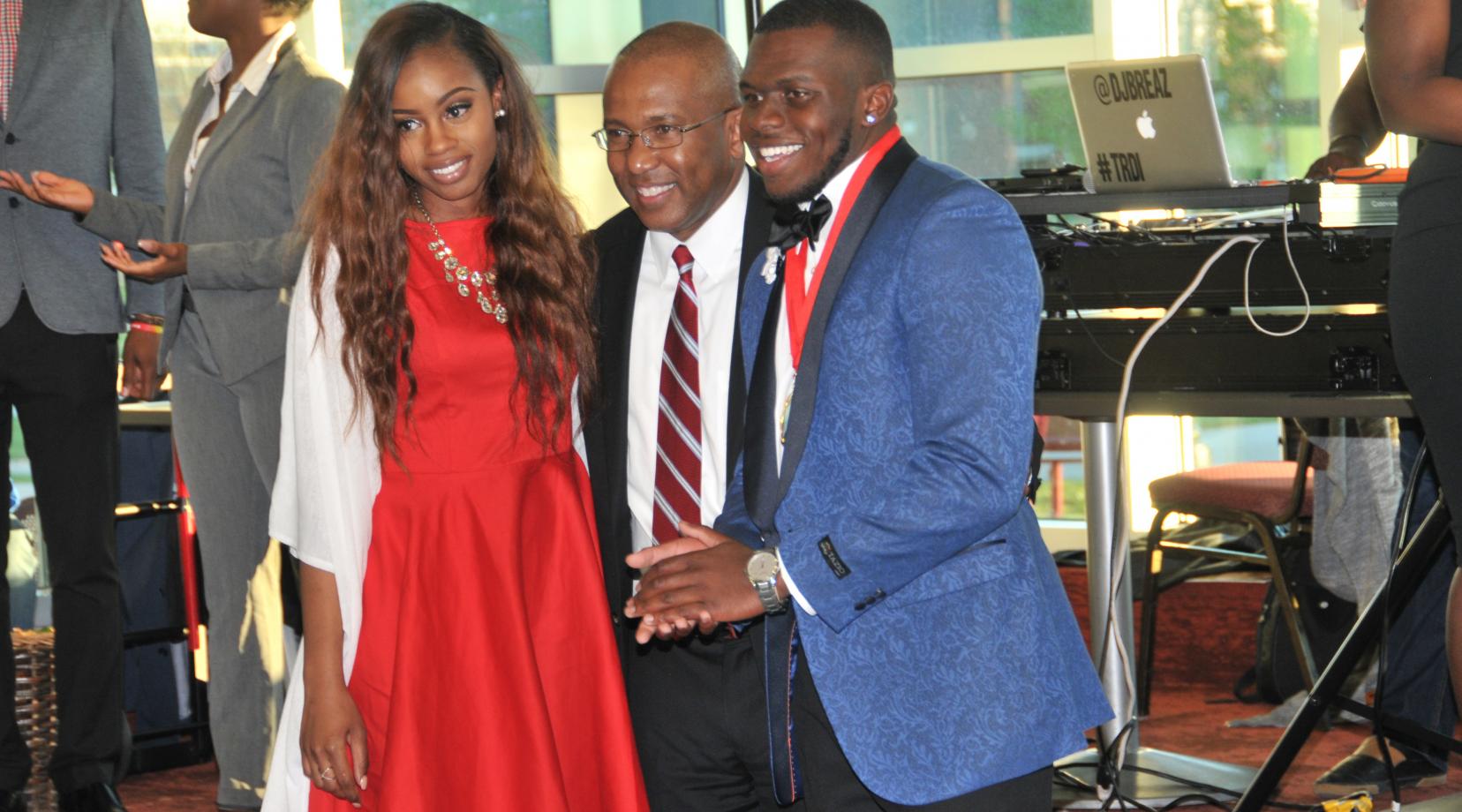 DSU President Harry L. Williams (center) poses with the newly elected 2017-2018 Mr. and Miss DSU, Michaela J. Rose (l) and Kevin Perry.