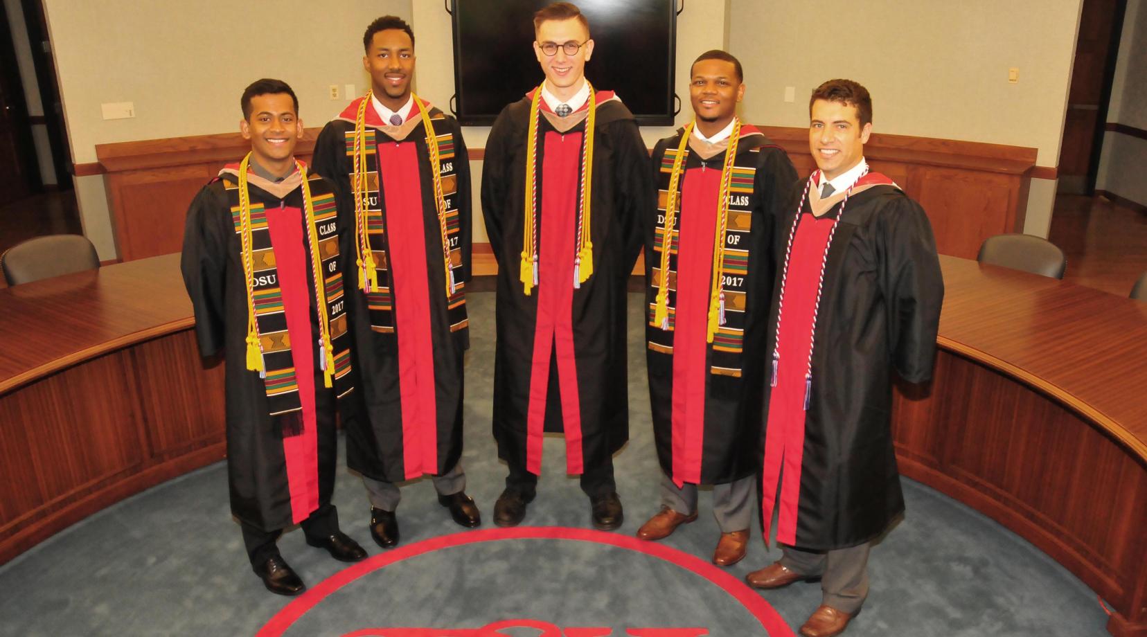 <p>Aviation Program graduates and Hornet Flight Team members: (l-r) Pruthvianath Engula, Tevin Williamson, Paul Scherry, Chameron Chase and William Arters.</p>