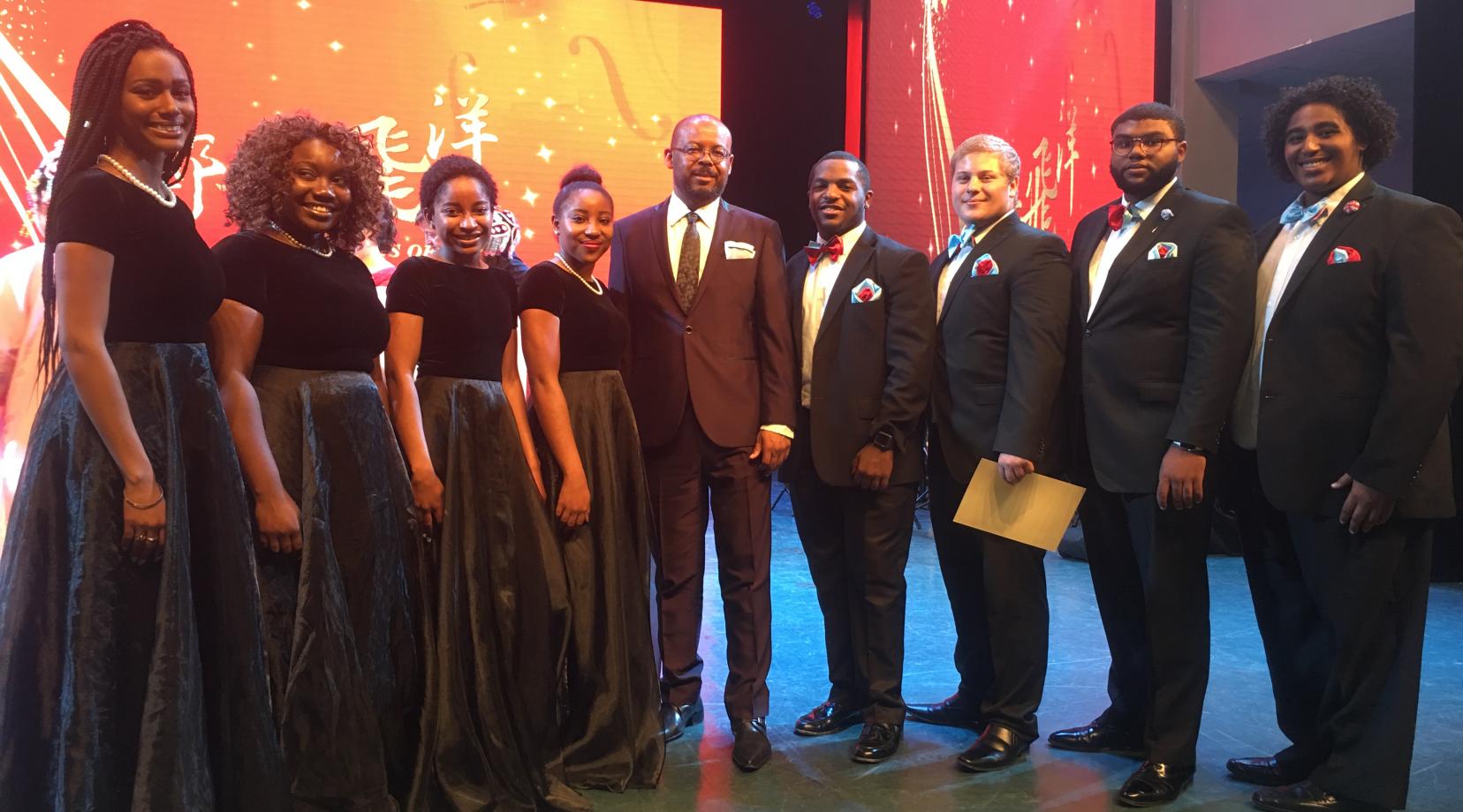 The DSU Singers in China – (l-r) Chelsea Taylor, Jaselah White, Jasmine Clementson, Cache Smith, Dr. Lloyd Mallory, Jr., Tylor Brown, Mitchell Clark, George Mensah, Jr., and Willie Shepherd.