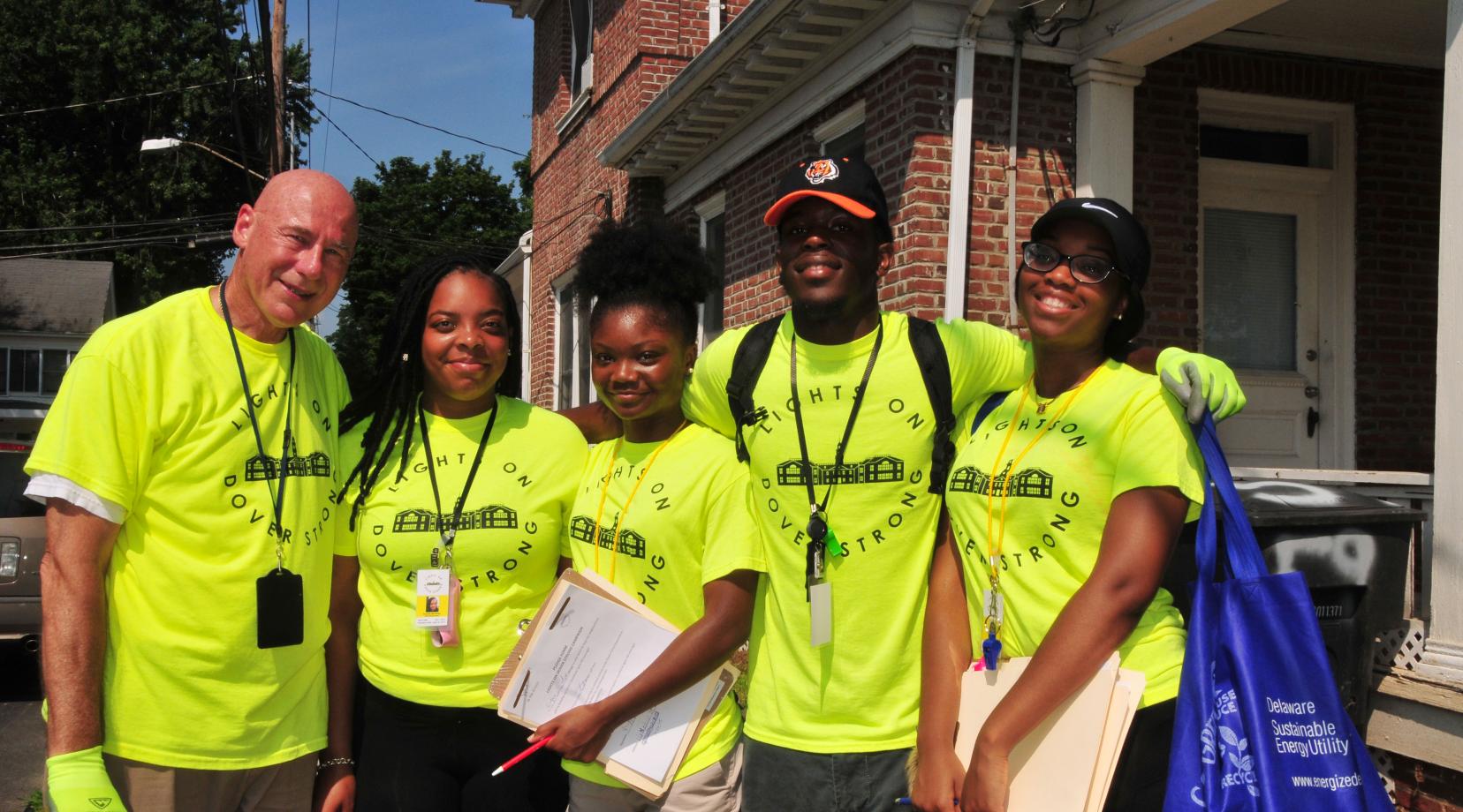 (L-r) Lights on Dover Strong Program team -- Charles Kistler, executive director of the HELP Initiative, with DSU students Danielle McAllister, Dashayna Brown, Eric Wright and Rich Kotter. The team is making a crime-challenged area of Dover safer.