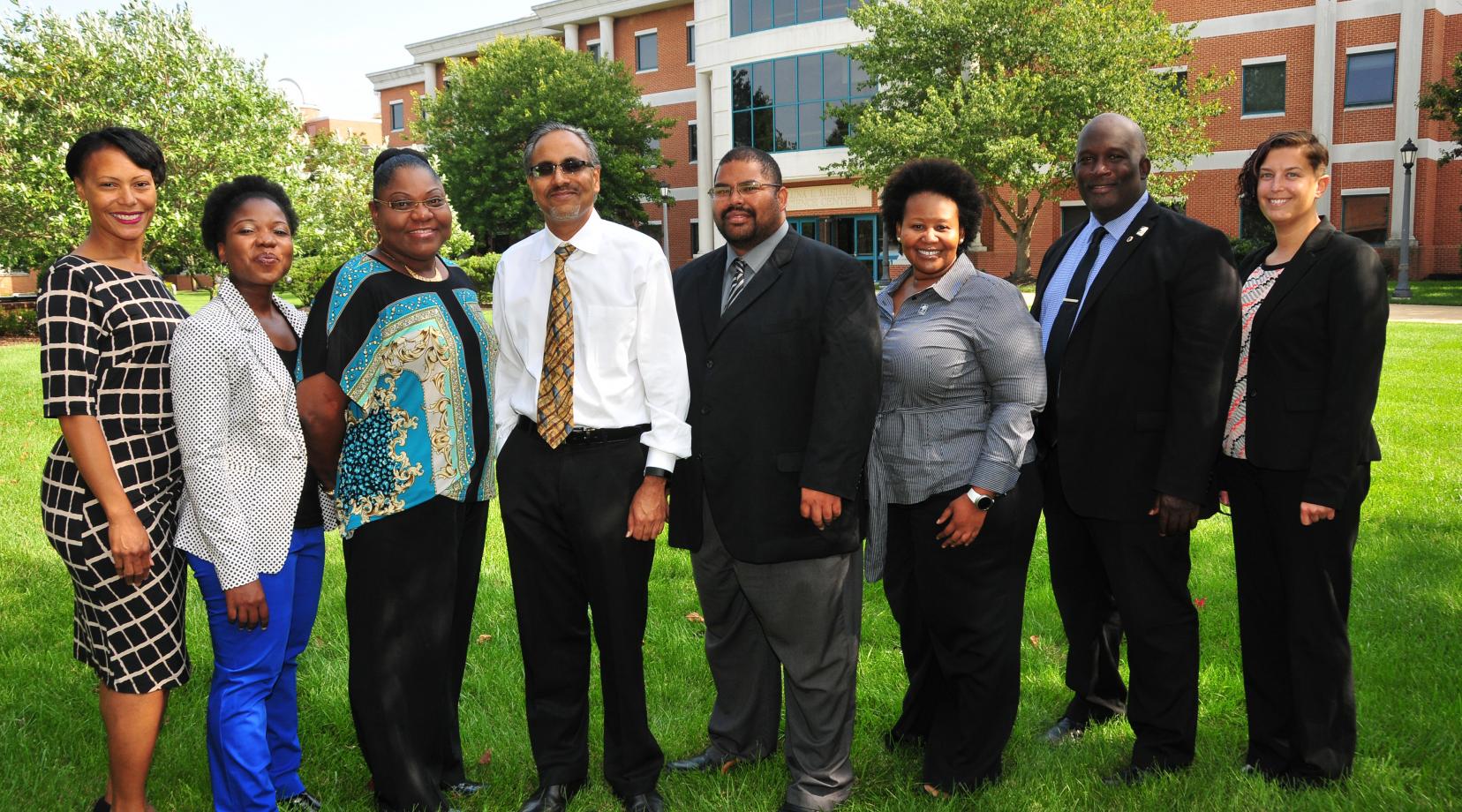 (L-r) Dr. Clytrice Watson, former PI, Dr. Anthea Aikins, Dr. Gwendolyn Scott-Jones, Dr. Venu Kalavacharla, Co-PI, Dr. Marcel Poe, Co-PI, Dr. Delayne Johnson, Co-PI, Dr. Charlie Wilson, PI, and Dr. Kylie Parrotta, Co-PI. Key personnel missing: Dr. Cherese Winstead-Casson, Dr. Bill Means.