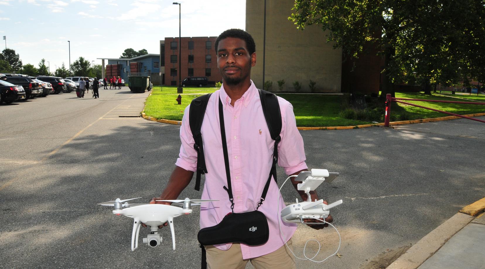 Rashaun Bosley, a senior public relations major, has a drone videography business and has done footage for the DSU website.