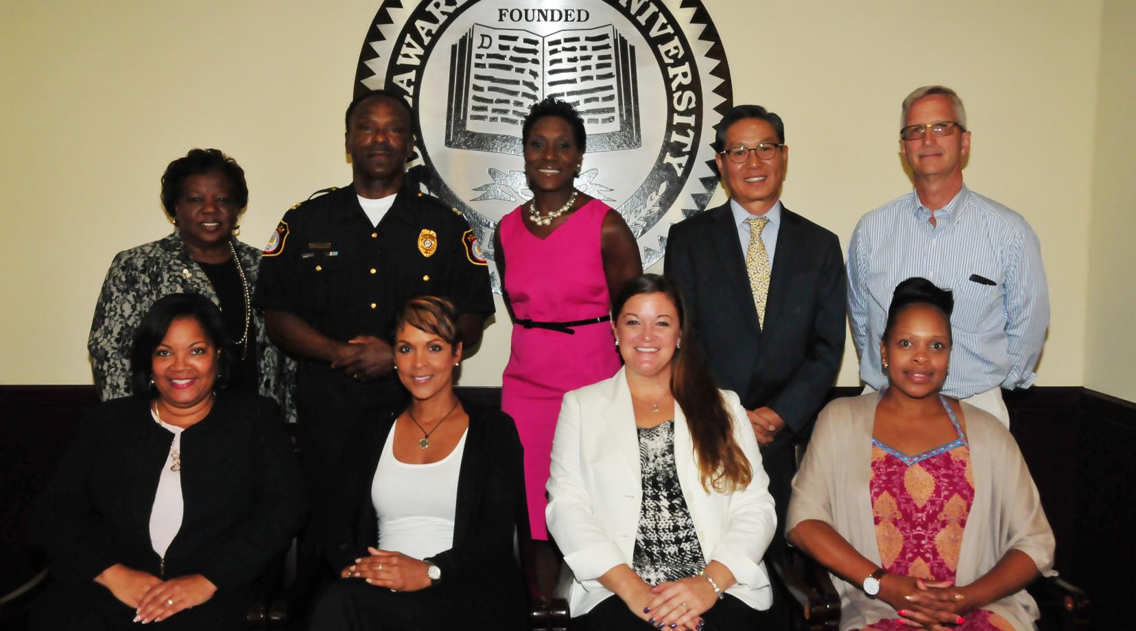 DSU Diversity and Inclusion Task Force members: (l-r, bottom) Pamela Mosley Gresham (chairwoman), Dawn Mosley, Jordin Williams, Trinette Fonseca; (top) Irene Chapman-Hawkins, Capt. Vincent Shipman, Dr. Francine Edwards, Dr. Young-Sik Kwak, and Dr. Donald Becker. Missing: Ann Knettler-Smith, Kevin Noriega, Dr. John Rich, Candy Young, Micah Parker, Dr. Stacy Downing, Dr. Rathee Nirmaljit and David Sheppard.