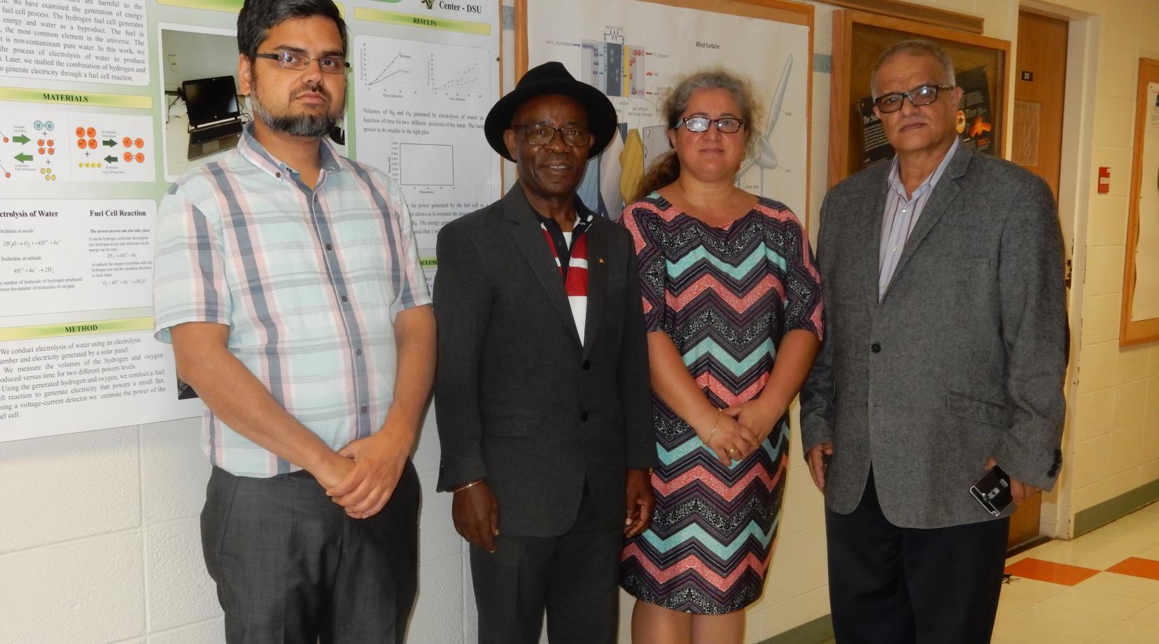 (L-r) Co-principal investigators Dr. Amir Khan, Dr. Gabriel Gwanmesiia, Dr. Gulhihal Ozbay, and principal investigator Dr. Aristides Marcano will use the NSF grant to establish a renewable energy engineering academic concentration at DSU.