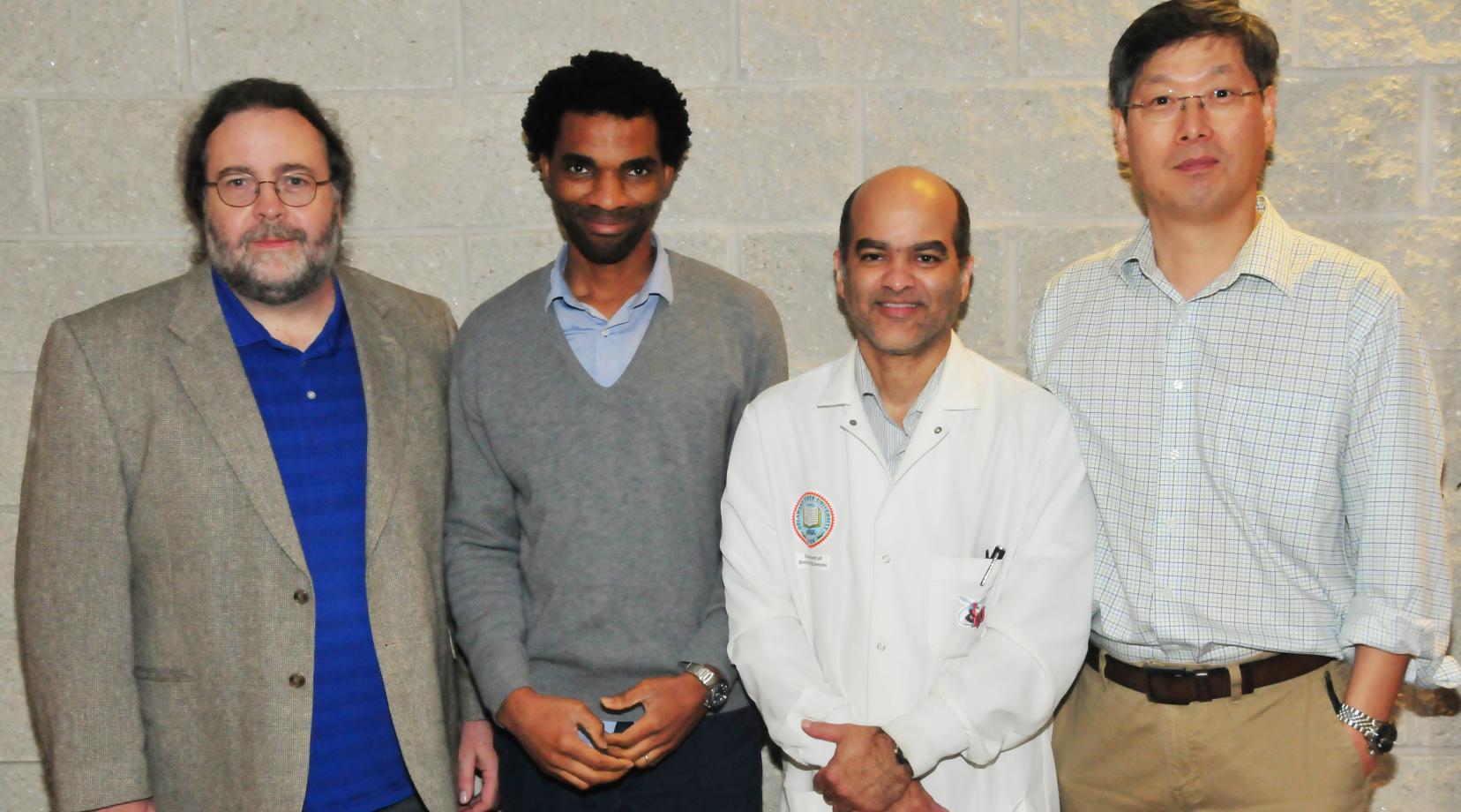 (L-r) Dr. Michael Gitcho, associate professor and principal investigator of the grant; along with co-PIs Dr. Hakeem Lawal, associate professor; Dr. Karl Milleti, associate professor; and Dr. Y. Hwan Kim, associate professor -- all biological sciences researchers -- have jointly received a $252,639 National Science Foundation Instrumentation Grant.