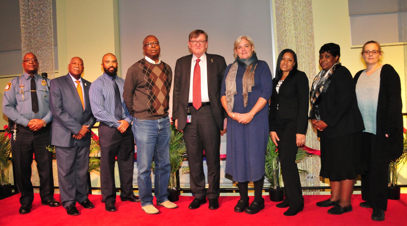Delaware State University’s 2017 Vice Presidents Choice Award recipients: (l-r) Lt. Russell Smith, Bryant T. Bell, Joel Welsh, Dennis Jones, Dr. Bradley Skelcher, Dr. Alexa Silver, Jadeen Notice, Henrietta Savage and Crystal Canon.