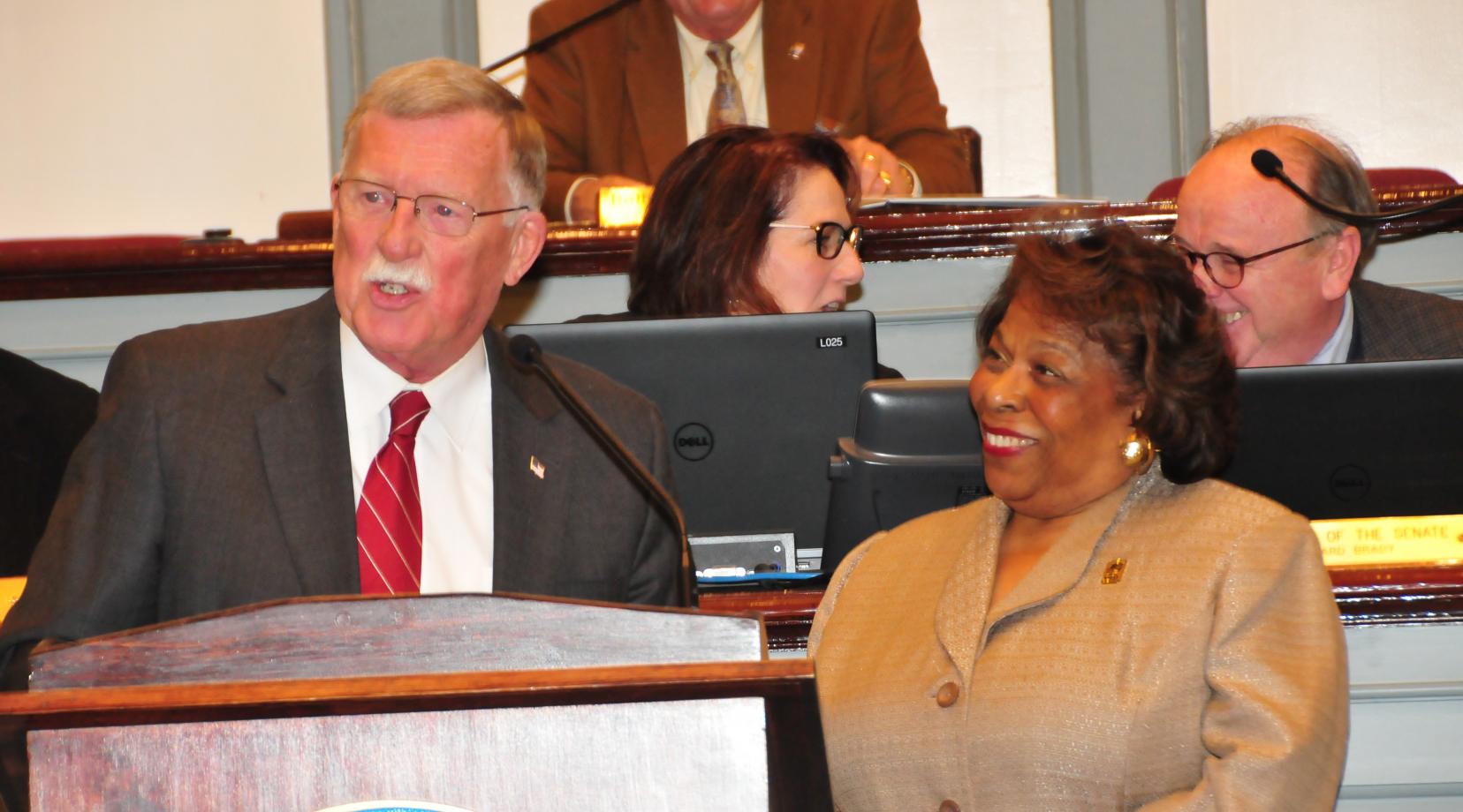 State Sen. Brian Bushweller presents a formal tribute in honor of interim DSU President Wilma Mishoe during the Jan. 25 session of the Delaware Senate.