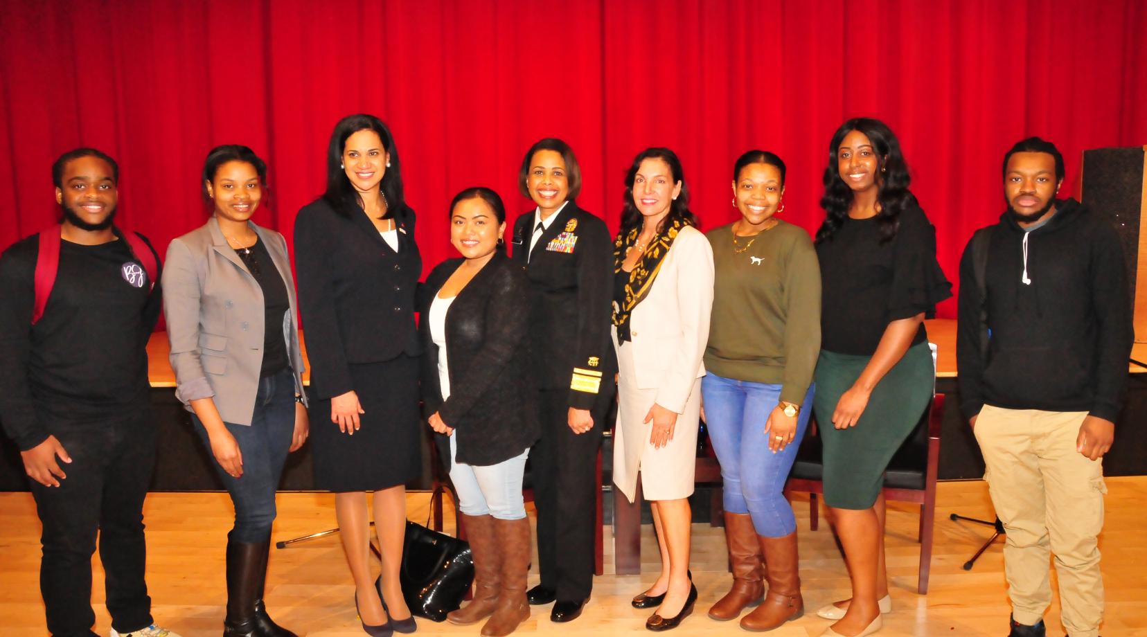 Deputy U.S. Surgeon General Dr. Sylvia Trent-Adams (center in military uniform) poses with DSU students. Two persons to the left of Dr. Trent-Adams is Delaware Secretary of Health and Social Services Dr. Kara Odom-Walker.
