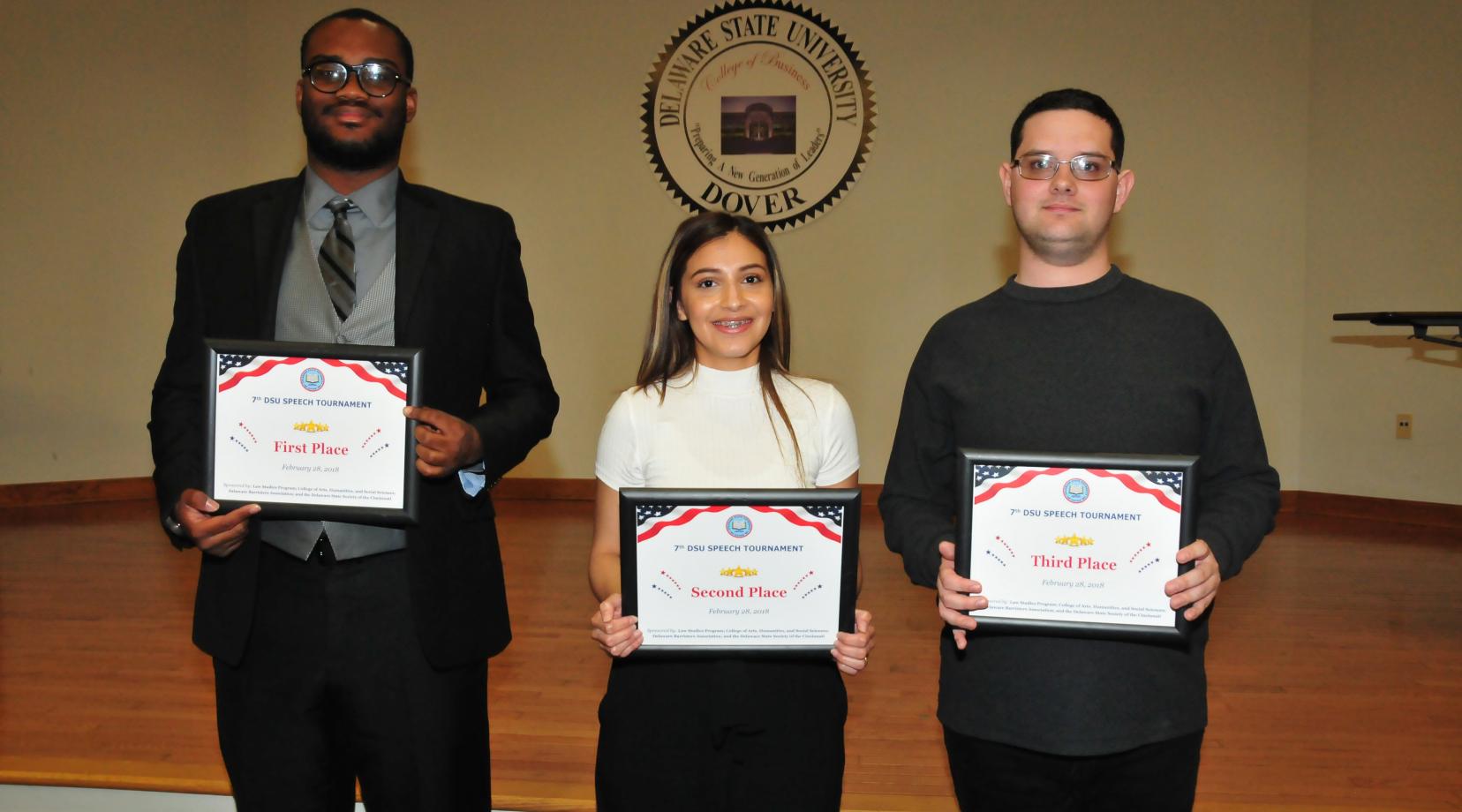 2018 Speech Tourney winners: Reginald Daniel II (1st place), Jessica Garcia Rio (2nd place) and Gary Hall (3rd place)