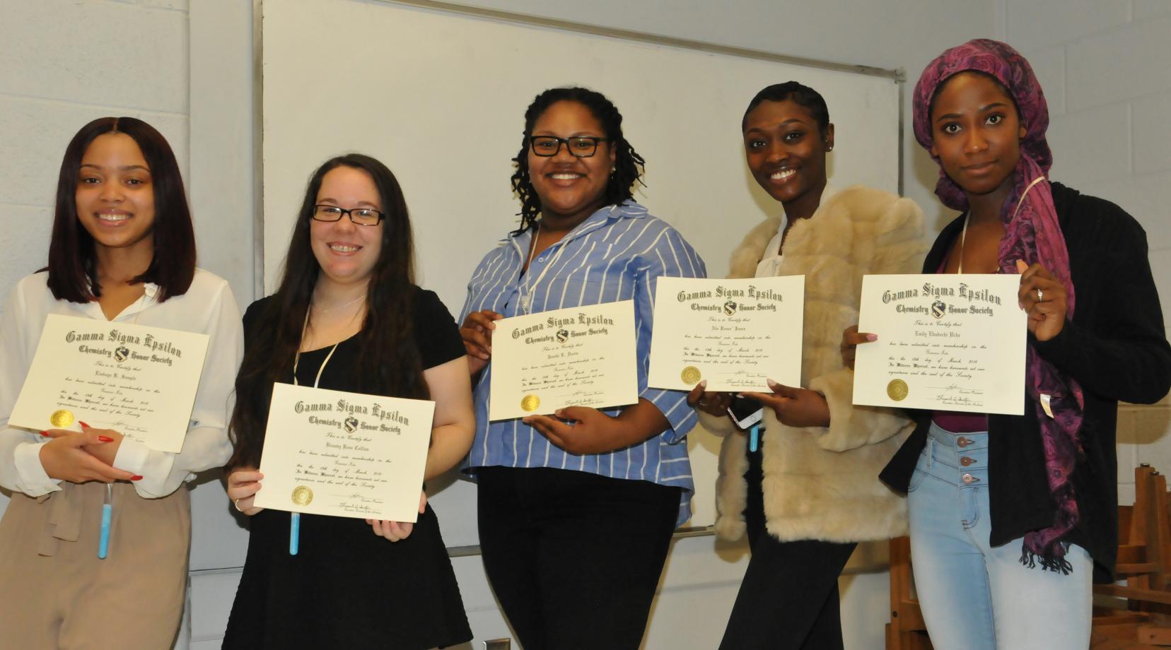 <p>Seated (l-r) Gamma Sigma Epsilon Initiates: Linkeya Sample, Emily Uche, Nia Jones, Jamila Davis, and Brandy Collins.; chemistry faculty (standing l-r): Dr. Jalaal Hayes, Dr. Cherese Winstead-Casson, Dr. Kimberly Milligan, Dr. Weiping Song, Dr. Young Gi-Kim, and Dr. Bizuneh Workie</p>