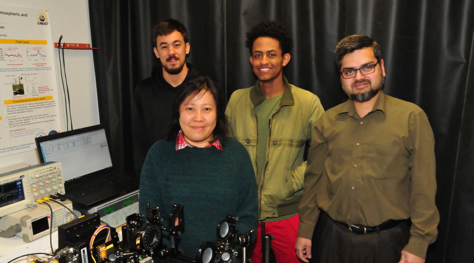 Chemical/Biological Warfare Sensor researchers: (l-r) Caio Azevedo, May Hlaing, Luil Menberu, and Dr. Mohammed Khan.