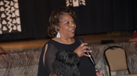<p>University President Wilma Mishoe speaks after the Inner City Cultural League announced her as its recipient of the 2019 Sankofa Golden Phenomenal Woman Award.</p>
