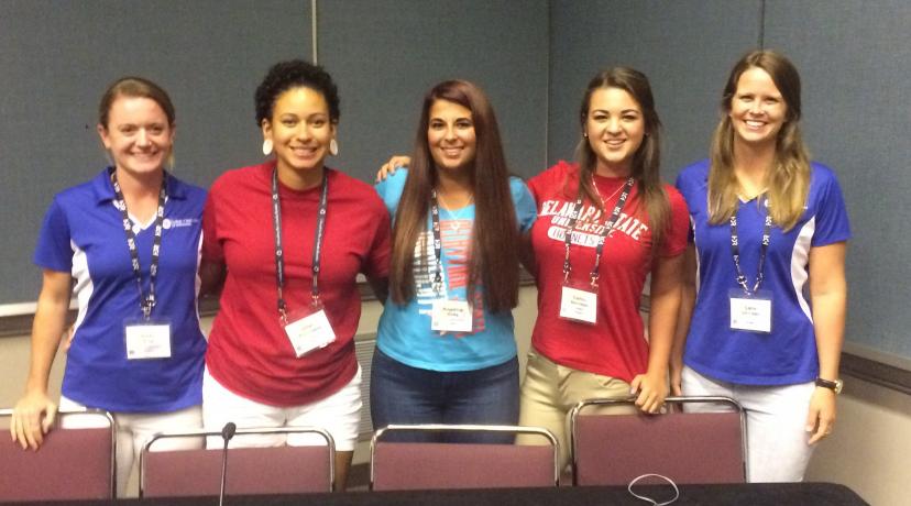 <p>The first place joint Delaware State University-UD "DE-fenders of the Deep" Quiz Bowl team -- (l-r) Emily Ruhl of UD; Delaware State University's Jillian Phinnessee, Angelina Watts and Caitlin Berchtold; Lane Johnston of UD. The team won the American Fisheries Society first-ever Quiz Bowl at the organization's recent annual meeting in Atlantic City, N.J.</p>